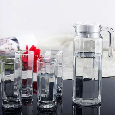 Wholesale clear 5pcs octagonal glass waterpitcher set with 1L volume for daily use